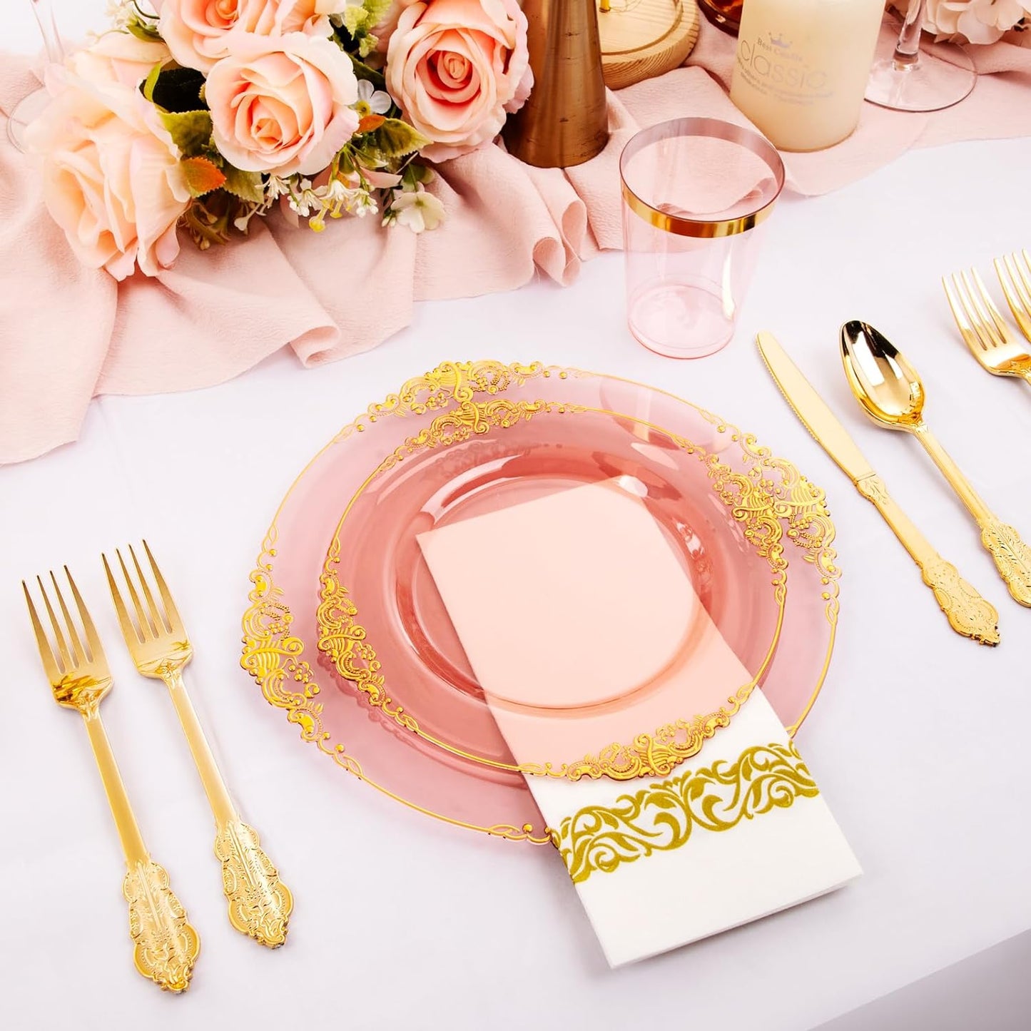 Hioasis 175pcs Burgundy and Gold Plastic Plates - Elegant Disposable Dinnerware Set Suitable for 25 Guests Include 10.25" Dinner & 7.5" Dessert Plates, Cutlery, Napkins, Cups for Party