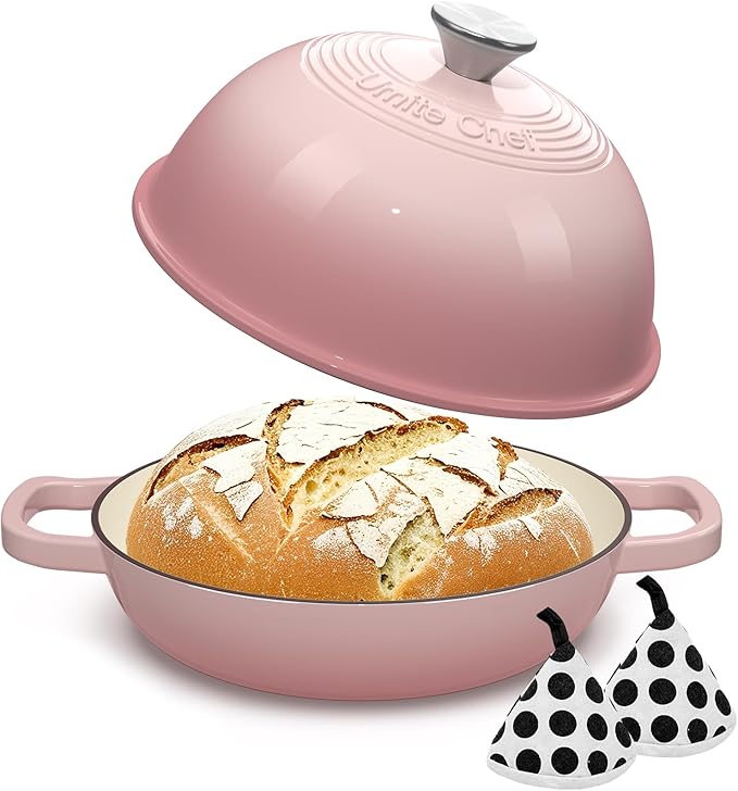 Cast Iron Dutch Oven Pot with Lid, Round Bread Oven for Sourdough Bread Baking, Umite Chef Enameled Cast Iron Bread Oven with Dome Lid & Cotton Potholders for Sourdough, Pink, 6 Quarts