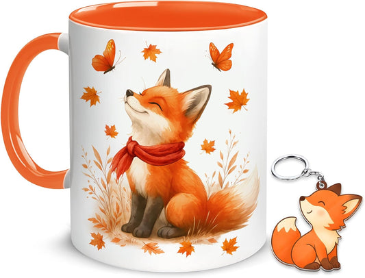 Hyturtle Fall Fox Coffee Mug And Keychain - Cute Fox Gift For Women - Autumn Animals For Lovers - Maple Leaf Animals Present For Her - Thanksgiving Decor - Coffee Cup Ceramic Mug 11 Oz