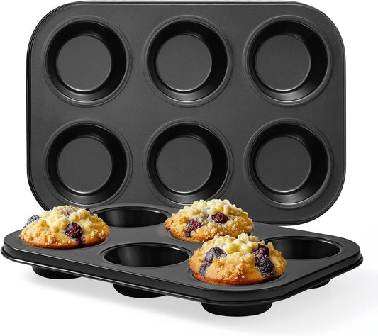 Muffin Pan 2-Pack, 6-Cup Nonstick Cupcake Pan 10.43"x7.28"x1.1" with 2.63" Cups, for Muffins, Cupcakes, Brownies, Cheesecake, Carbon Steel, Easy Clean, Oven Safe