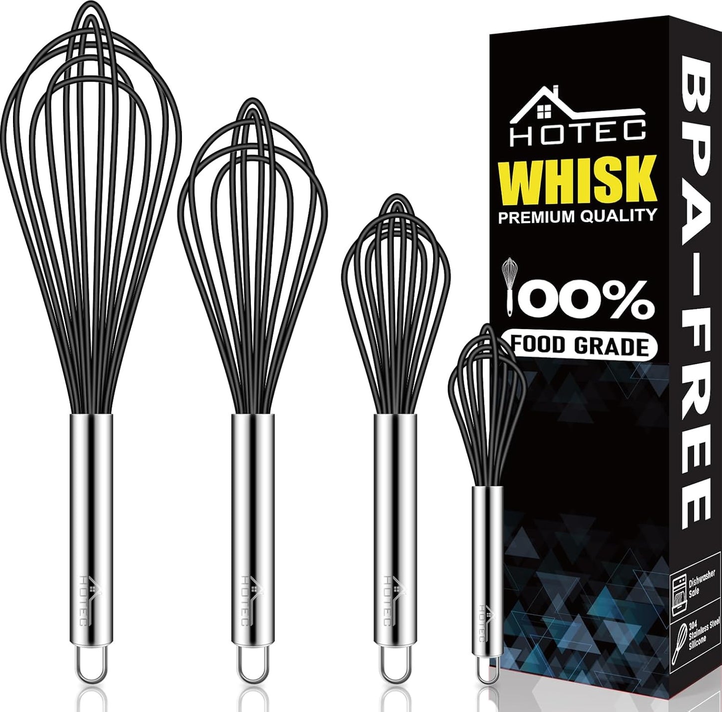 HOTEC 4 Pieces Silicone Whisks Set, Wire Balloon Whisks Egg Beater, Non-slip Handle Whisk for Non-stick Cookware Perfect for Cooking, Stirring, Beating and Blending (Black)