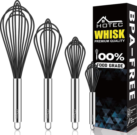 HOTEC 4 Pieces Silicone Whisks Set, Wire Balloon Whisks Egg Beater, Non-slip Handle Whisk for Non-stick Cookware Perfect for Cooking, Stirring, Beating and Blending (Black)