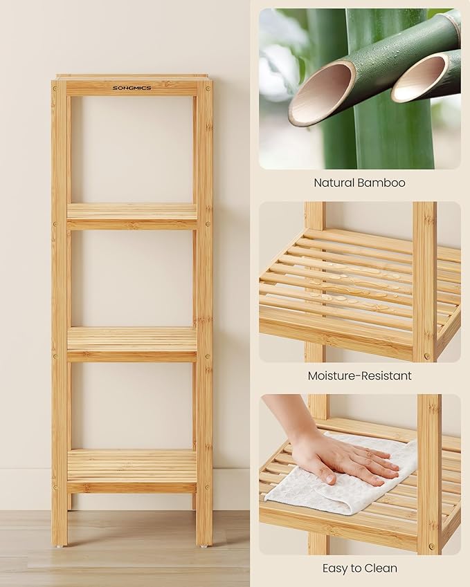 SONGMICS Bamboo Storage Shelf, 4-Tier Shelving Unit, Multifunctional, in the Entryway, Bathroom, Living Room, Balcony, Kitchen, 13 x 13 x 38.6 Inches, Light Bamboo UBCB54Y