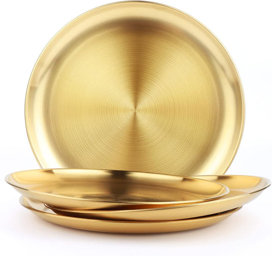Stainless Steel Dinner Plate, 304Rutian 9" Metal Round Dinner Dishes for Adults, Reusable and Dishwasher Safe, Serving Camping Salad Plate for Home,Outdoor Camping, Snack,and BBQ,Set of 4