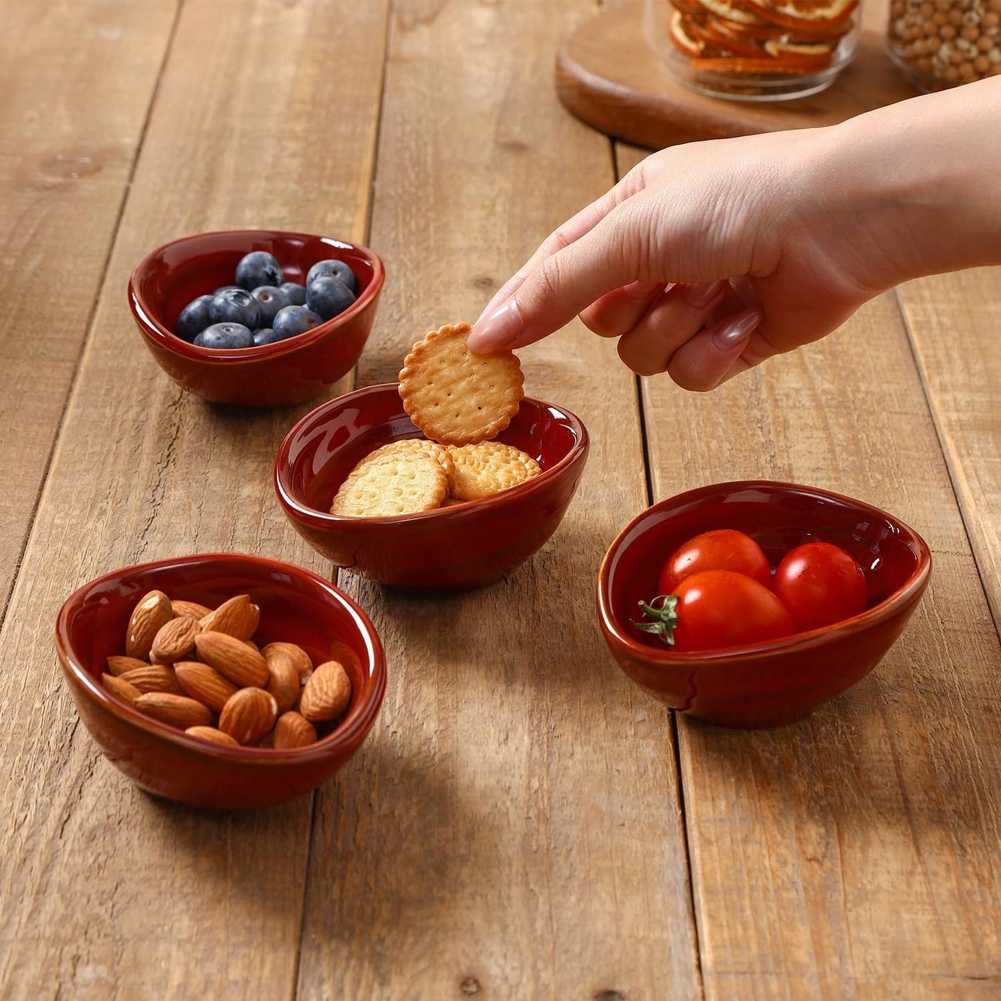 vicrays Ceramic Dipping Sauce Bowls – Small Charcuterie Dip Cups Cooking Prep Condiment Oil Dish Mini Tapas Plates for Soy Sushi Salsas Wasabi Appetizer Dessert - Set of 6 Cherry Red