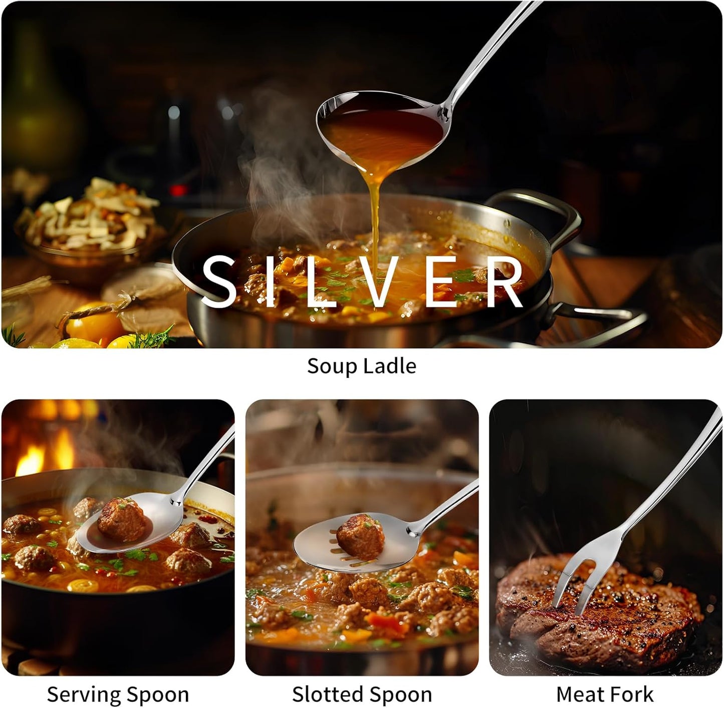 304 Stainlss Steel Kitchen Utensils Set, 11 Pcs Long Metal Cooking Utensil Gadgets Tools Set with Spatula, Spoon, Ladle, Skimmer, Turner, Pasta Server, Tongs(Mirror Polished, Dishwasher Safe)