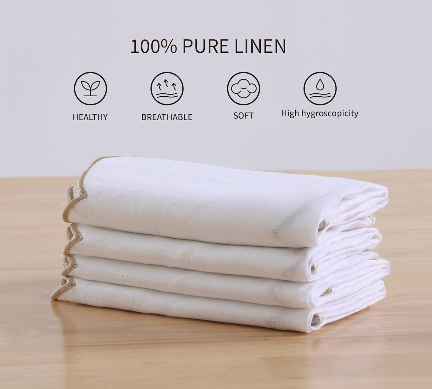 100% French Flax Linen Cloth Napkins Scalloped Embroidery 20’’x20’’ for Dinners, Parties, Weddings, Decorative Halloween, Spring, Easter, Set of 4 Pcs,White(Edges-Gold)