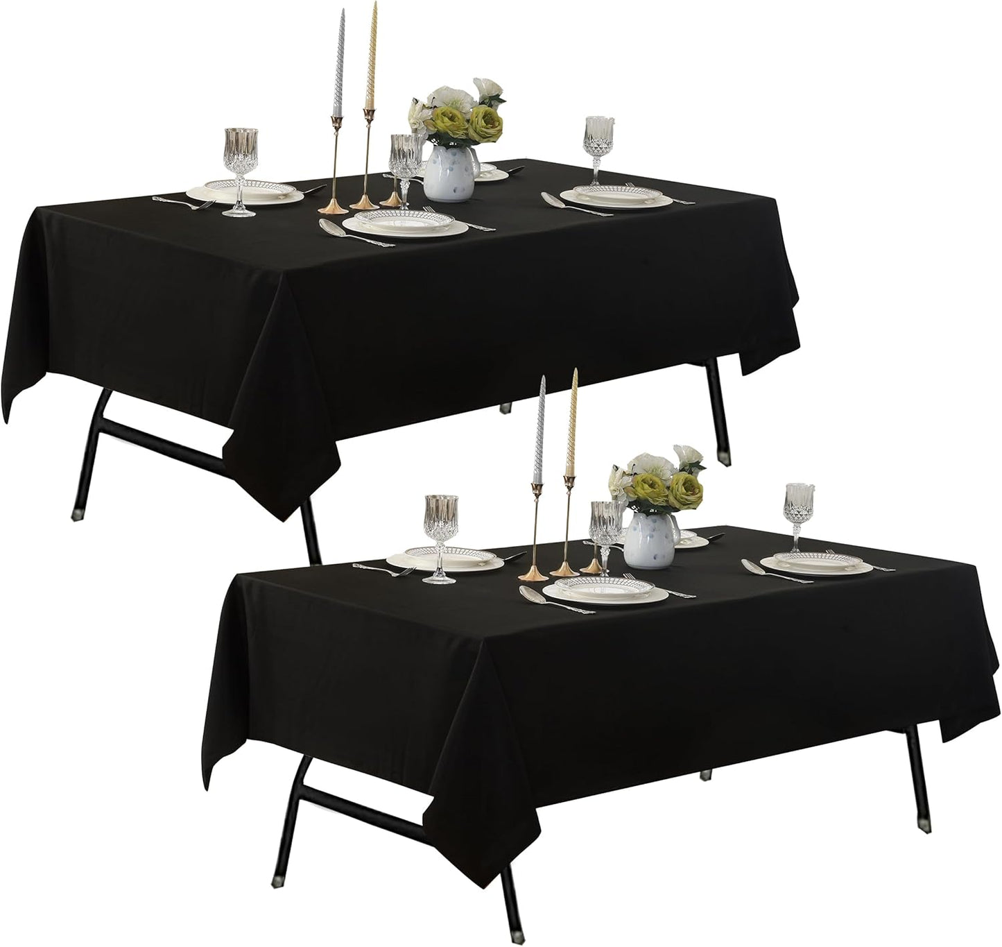 2-Pack 60x84 inch Black Table Cloths, Solid Stain and Wrinkle Resistant Oblong Tablecloth, Premium Plain Weave Polyester Fabric Rectangle Table Linen Covers for Hotel, Banquet