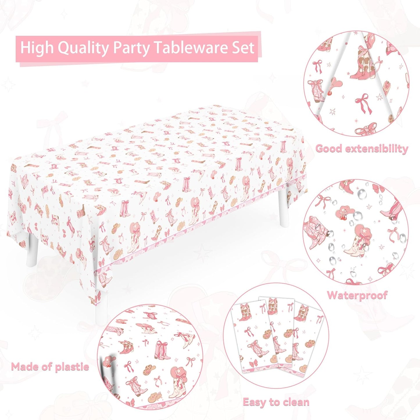 Pink Bow Cowgirl Party Dinnerware Kit for Girls - 20 Guests All-in-One, Bow Cowgirl Decorations, Coquette Birthday Supplies Plates Cutlery Napkins Cups Tablecloth for Western Baby Shower Bachelor