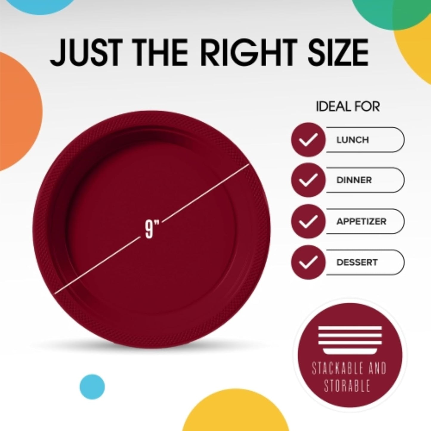 Exquisite Party Solids Burgundy Plastic Plates For Party Supplies 9" Burgundy Disposable Plates Heavy Duty 50 Pcs Plastic Dinnerware Sets Heavy Duty 350 GSM Disposable Dinnerware Set