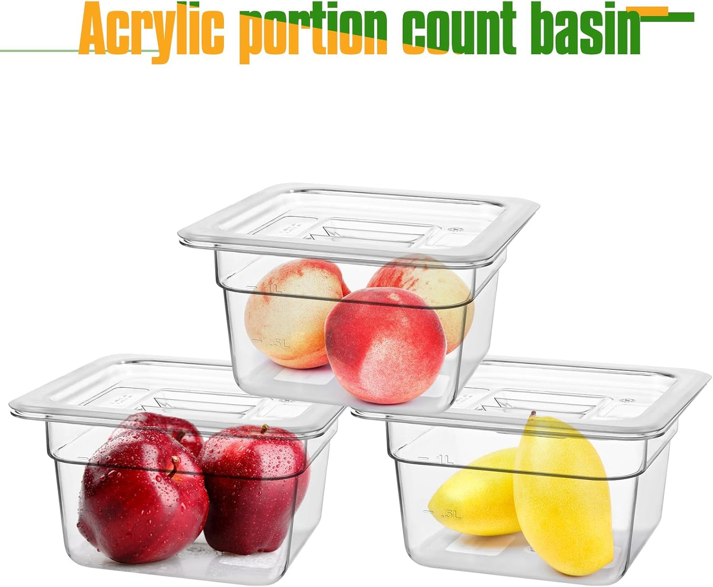 6 Pack Plastic Clear Food Pans with Lids, 1/6 Size 4'' Deep Commercial Stackable Polycarbonate Pans Hotel Food Storage Pan with 1 Pcs Spoon for Fruits Vegetables