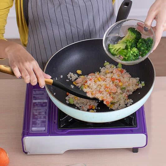 Cooking Spoon for Nonstick Cookingwares with Lengthed Wooden Handle, VOVOLY Silicone Spatula Spoon for Mixing, Scoop, and Scrape, Black, 13.4''