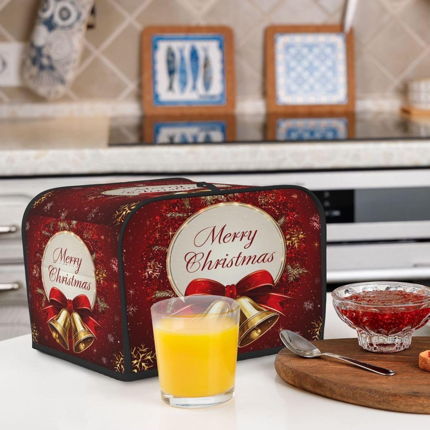 Toaster Cover 4 Slice Christmas Bells Red Xmas Kitchen Small Appliance Covers with Pockets Dust and Fingerprint Protection