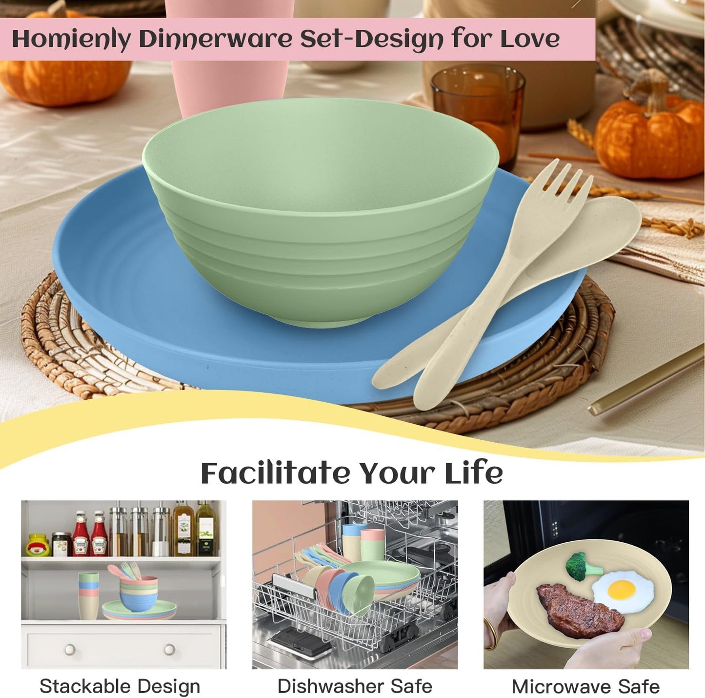 Wheat Straw Dinnerware Sets, 20 PCS Dishes Dinnerware Set Microwave and Dishwasher Safe, Lightweight Unbreakable Dishes, Reusable Dinner Plates Kids Plates and Bowls Sets for Kitchen, Camping