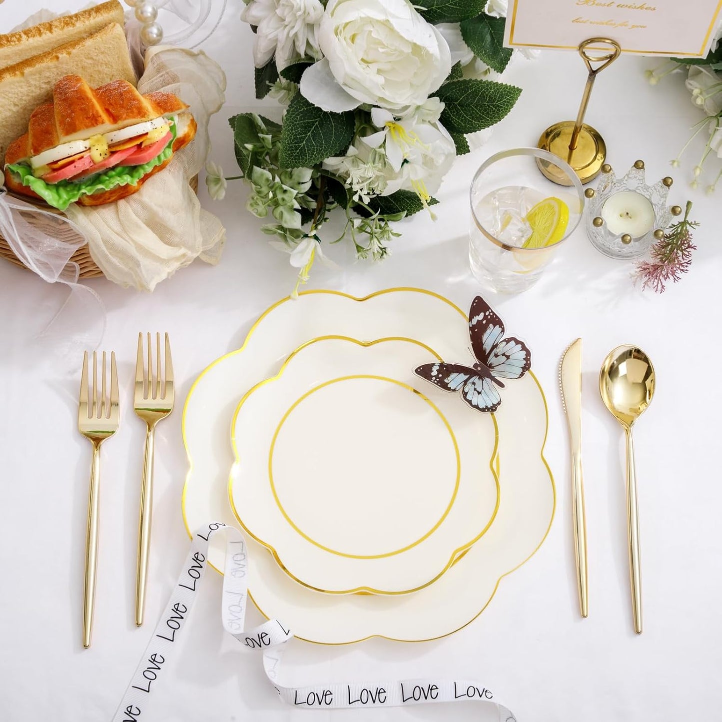 EI 180pcs Beige Plastic Plates with Gold Plastic Silverware,Heavy-Duty Disposable Plates for Party,White Dinnerware Set for 30 Guest Wedding,Birthday