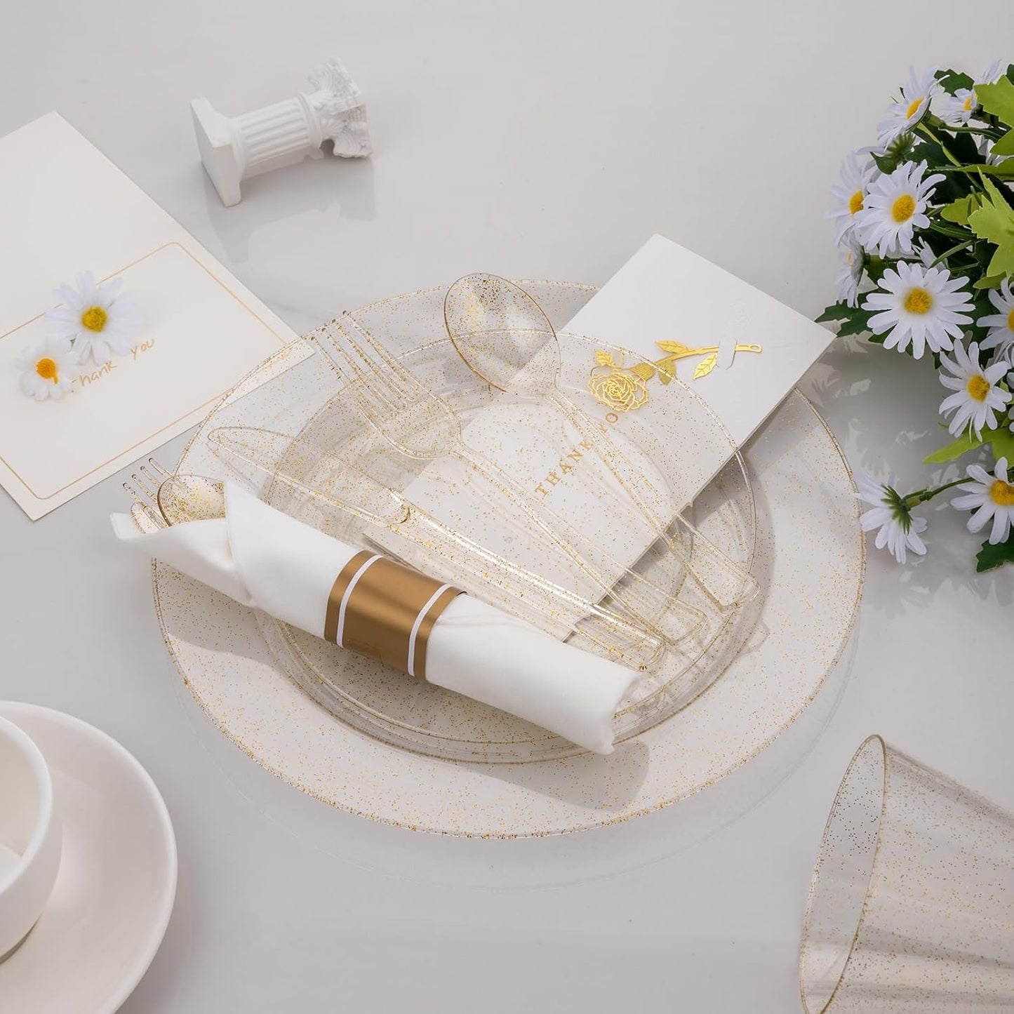 350 PCS Transparent Base With Pink Tint Plastic Dinnerware Set for 50 Guests, 100 Plates for Party, 50 Pre Rolled Napkins with Gold Silverware, 50 Cups