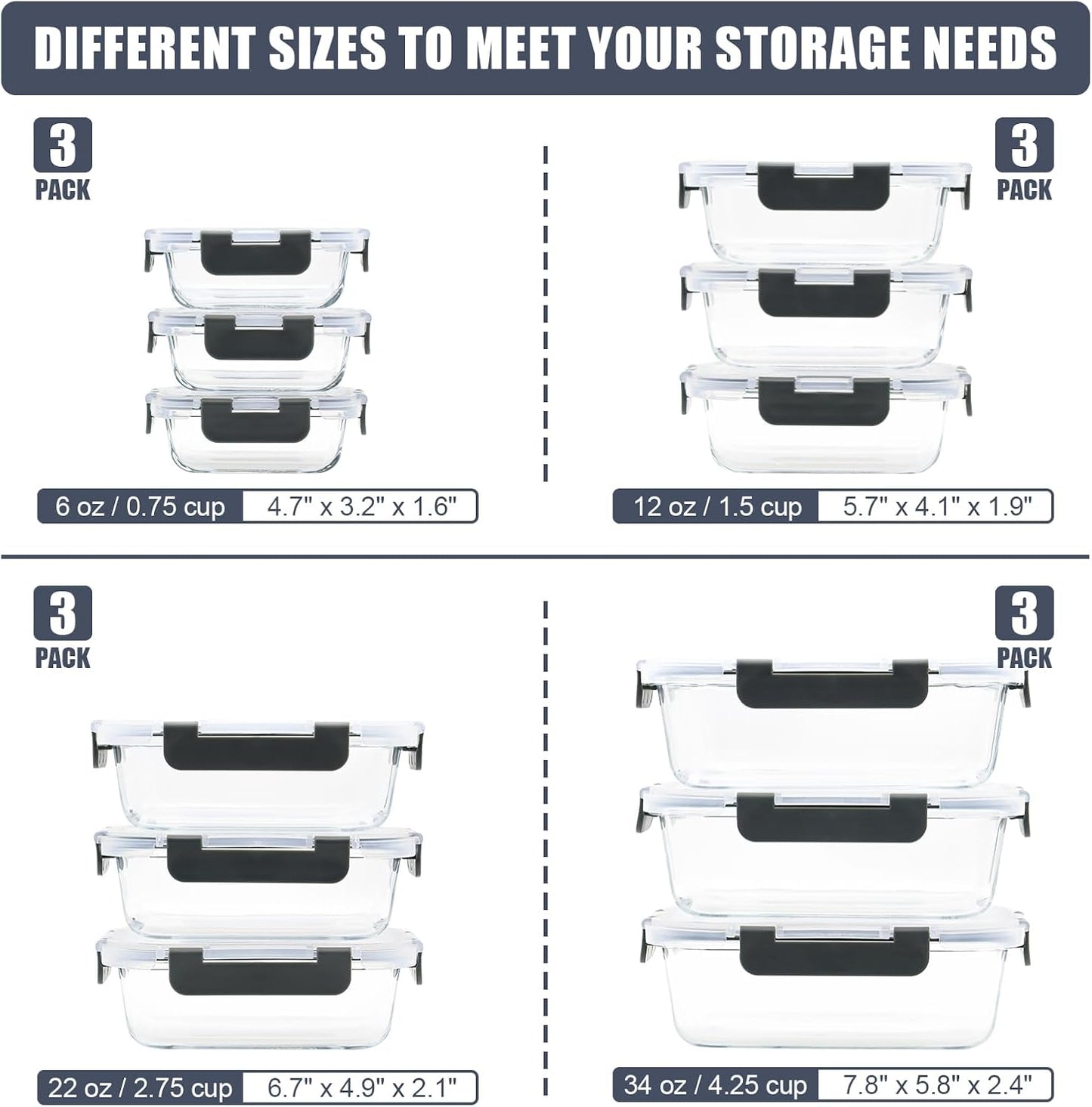 12 Pack Glass Food Storage Containers, Glass Storage Containers with Lids for Meal Prep, Lunch, Airtight, Freezer to Microwave Safe (12 Lids & 12 Containers)
