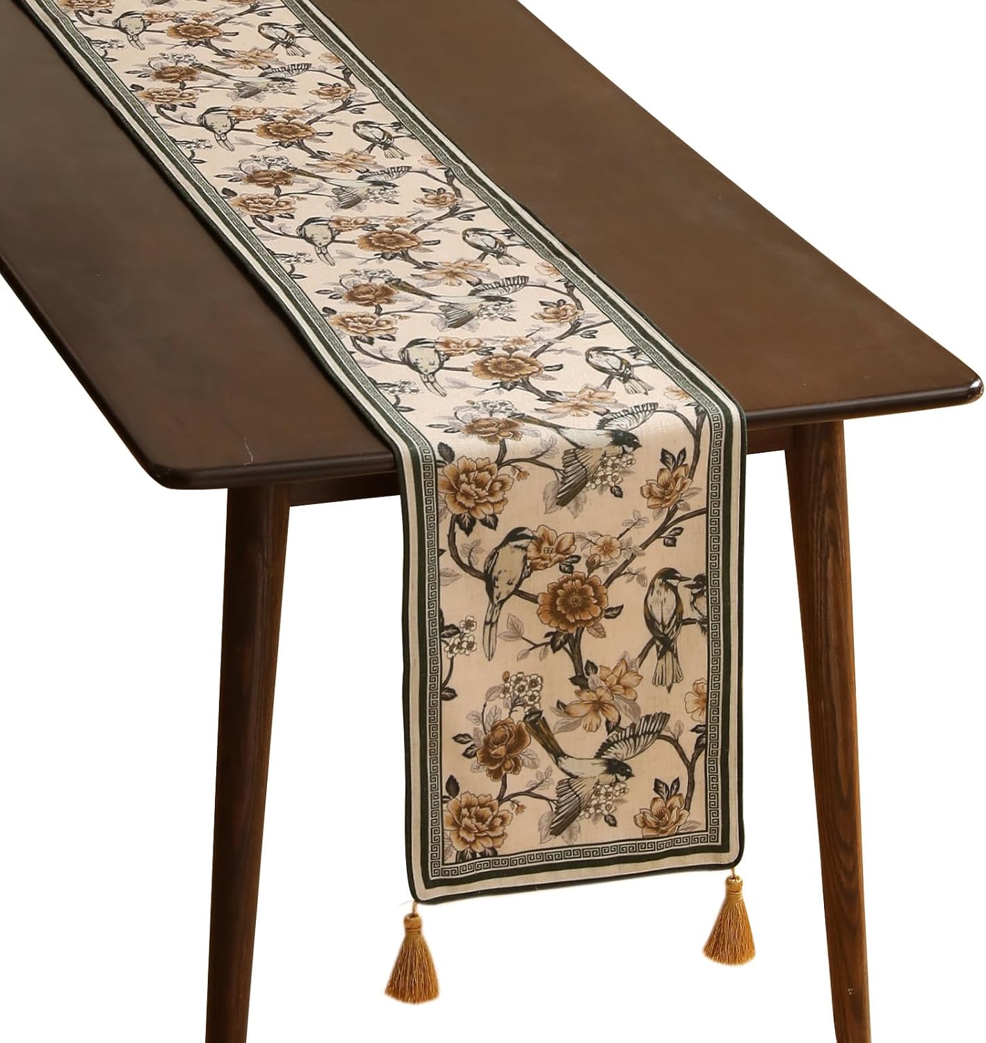 ISAENNE Designer Vintage Beige Linen Table Runner 87 Inches Long,Elegant Floral and Bird Pattern Decor Table Runners for Dining Tables,Thanksgiving,Christmas,Banquet,Party,12"*87"-Murad A