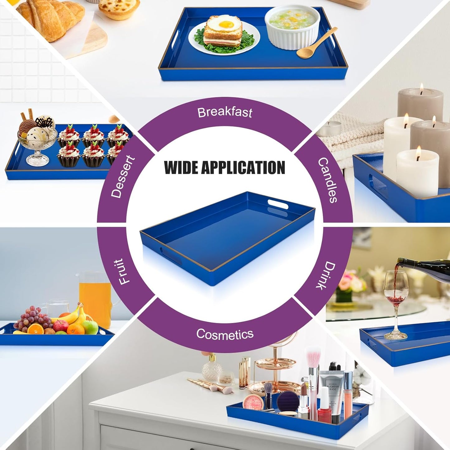 Gifturbo Blue Serving Tray,Decorative Serving Trays with Handles, Coffee Table Tray Ottoman Rectangular Plastic Tray for Living Room, Bathroom, 15.7” x 10.2” x1.37”