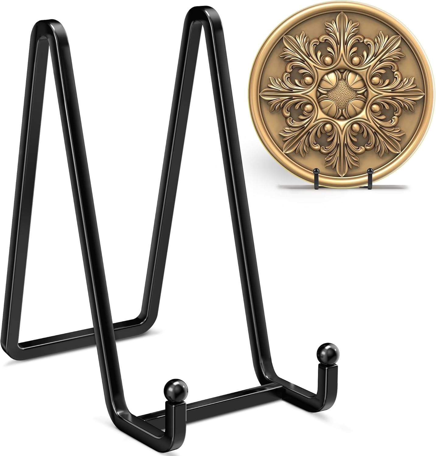 4 Pack Plate Stands for Display - 6 Inch Metal Square Wire Plate Holder Display Stand + Picture Frame Stand Holder Easel for Book, Decorative Plate, Plaque, Photo, Platter (Black)