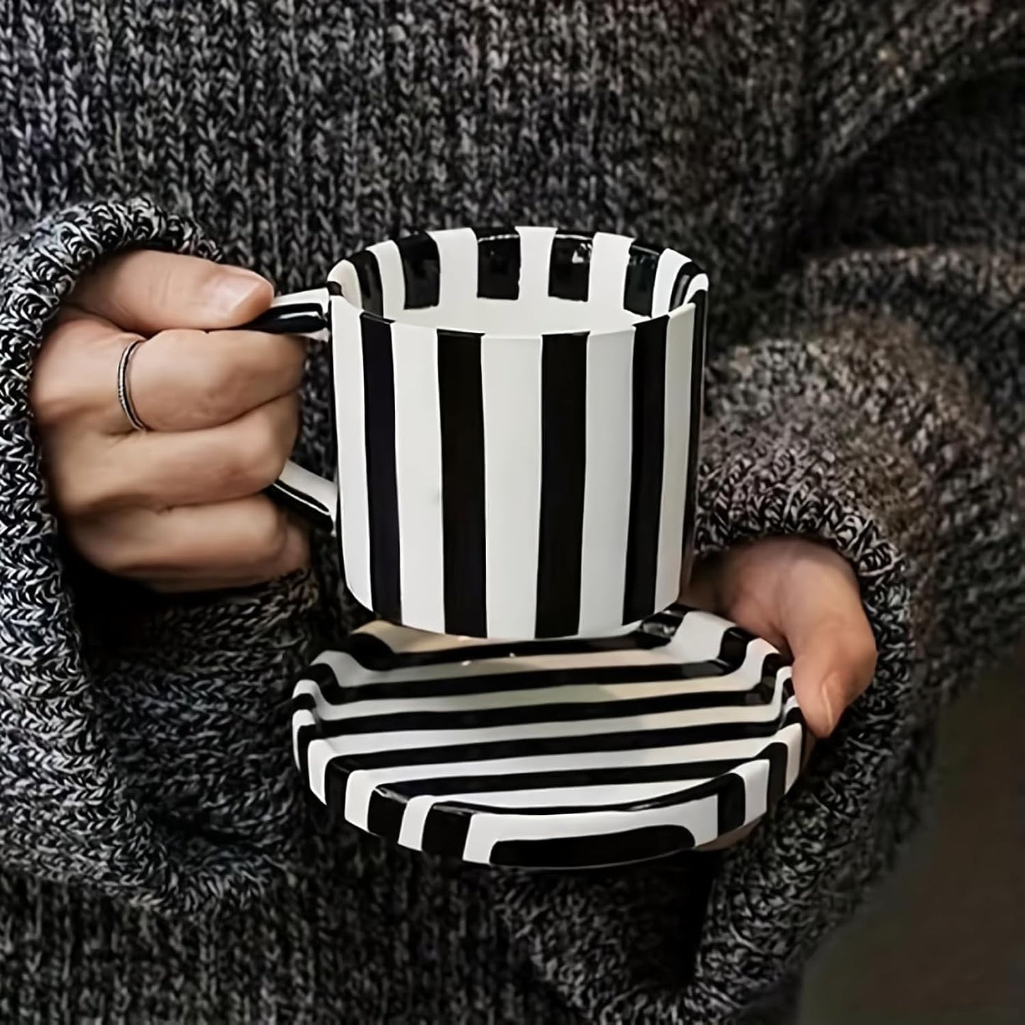 Tea Cup and Saucer, Ceramic 8 oz coffee mug, Dishwasher Safe and Microwave Safe, Black and White