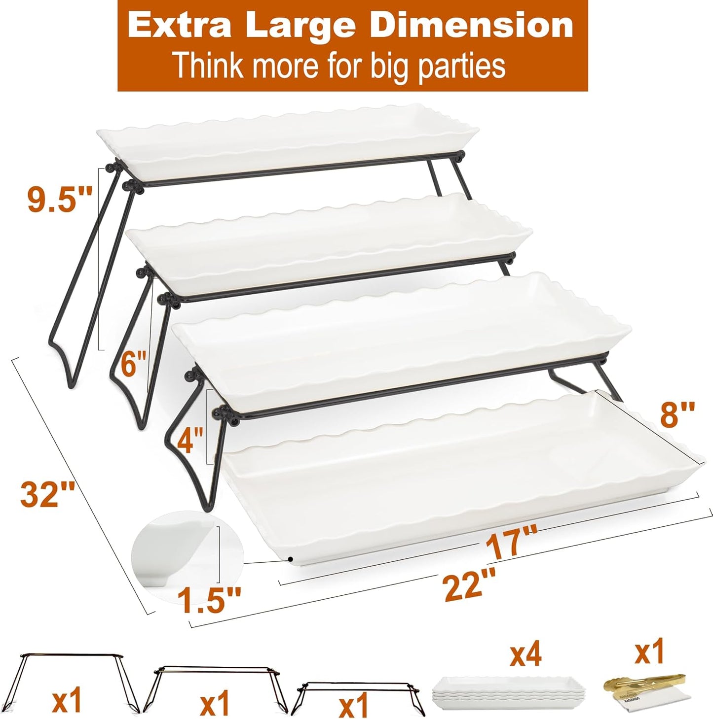KAQAHIDO Extra Large 4 Tier Serving Tray Set, 34x22x10 inch Wave Edge Melamine Dessert Table Display Set, Tiered Trays Stand for Party Buffet Entertaining, Black and White