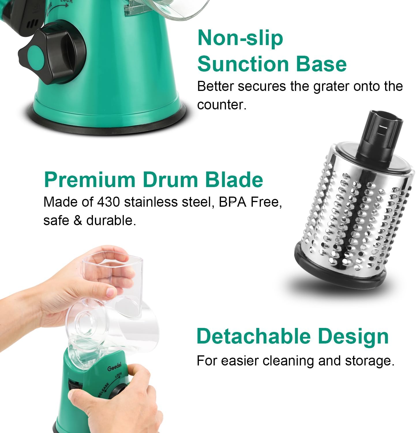 Geedel Rotary Cheese Grater with 3 Interchangeable Blades, Kitchen Mandoline Vegetable Slicer for Fruit, Nuts , Easy to Clean