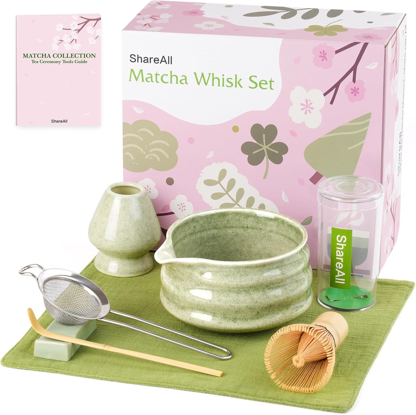 Matcha Whisk Set, 7Pcs Matcha Set - Matcha Bowl with Spout, Handcrafted Bamboo Whisk & Ceramic Holder, Steel Sifter, Towel, Matcha Kit for Tea Ceremony, Timeless Ideal Gift (Speckled green)