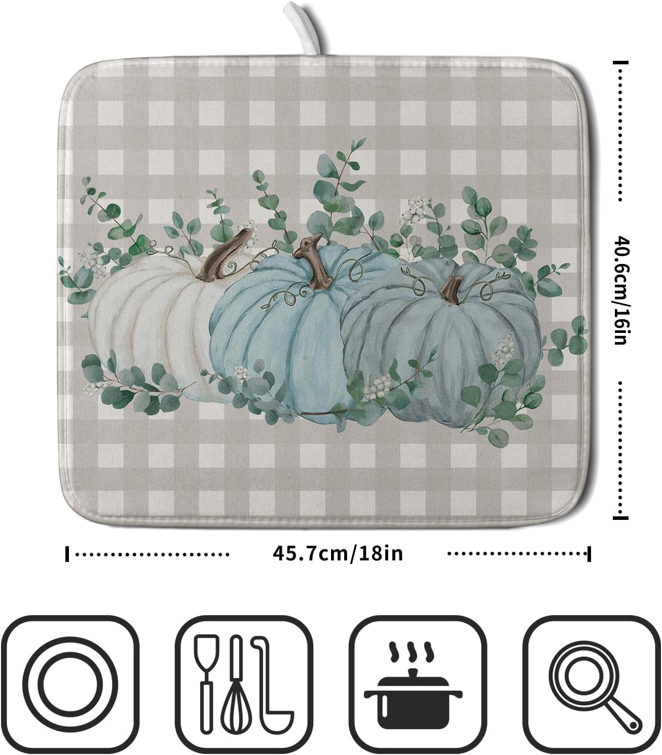 Fall Dish Drying Mats for Kitchen Counter 16×18 Inch Blue White Pumpkin Thanksgiving Harvest Festival Small Microfiber Drying Mat Kitchen Accessories Dish Rack Mat Drainer Pad Washable Absorbent