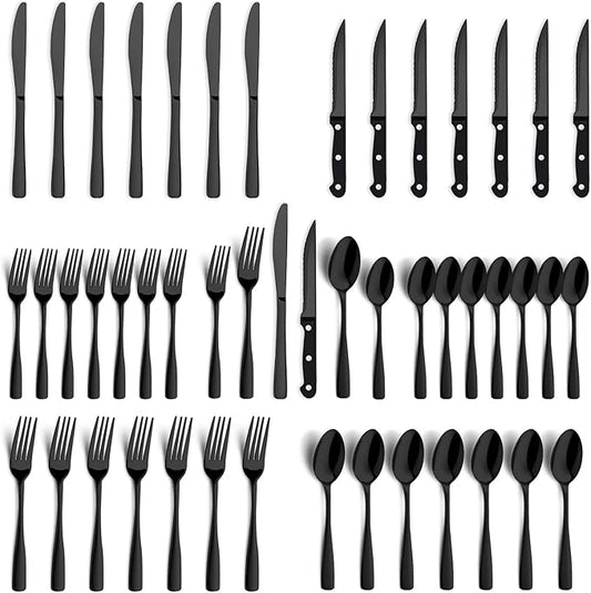 BEWOS 48-Pieces Black Silverware Set for 8 - Stainless Steel Flatware Set with Mirror Polish, Black Silverware Set Including Steak Knives, Forks and Spoons, Dishwasher Safe for Restaurant