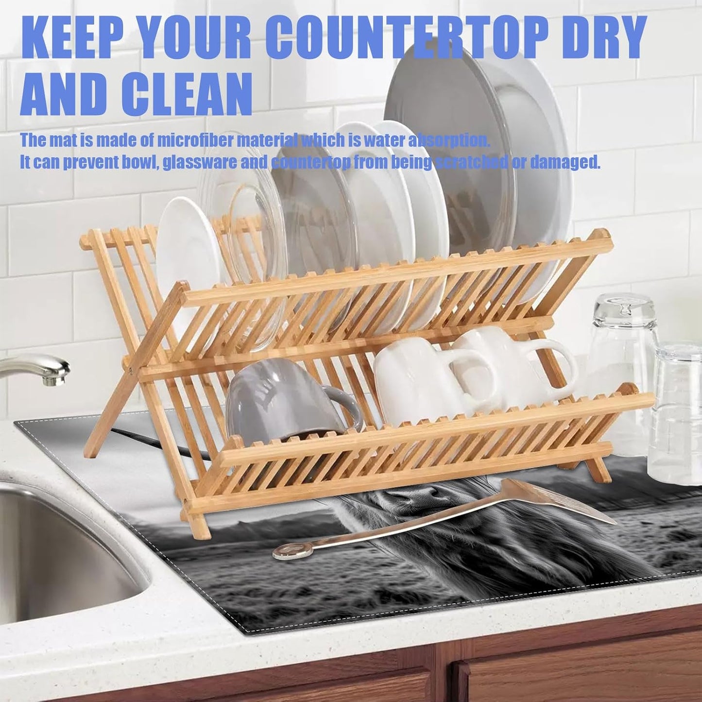 Highland Cow Dish Drying Mat for Kitchen Counter Drying Pad Absorbent Reversible Dish Drainer Rack Mats Draining Pad 18"x24"Inch
