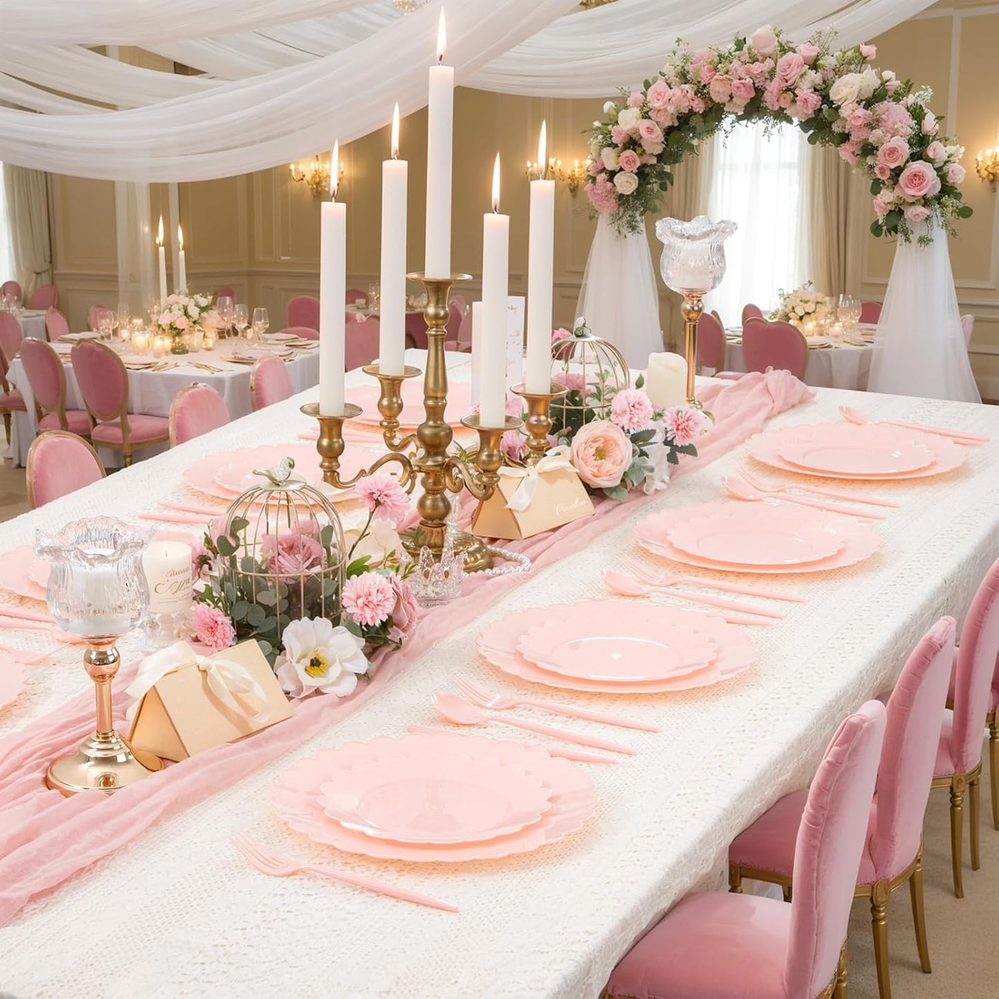 WONDERFUL 150 Pcs Pink Plastic Plates Disposable Plastic Dinnerware Set Pink Silverware Set Disposable Plates for Party Wedding & Bridal Shower Pink Party Decorations Suitable for 30 Guests