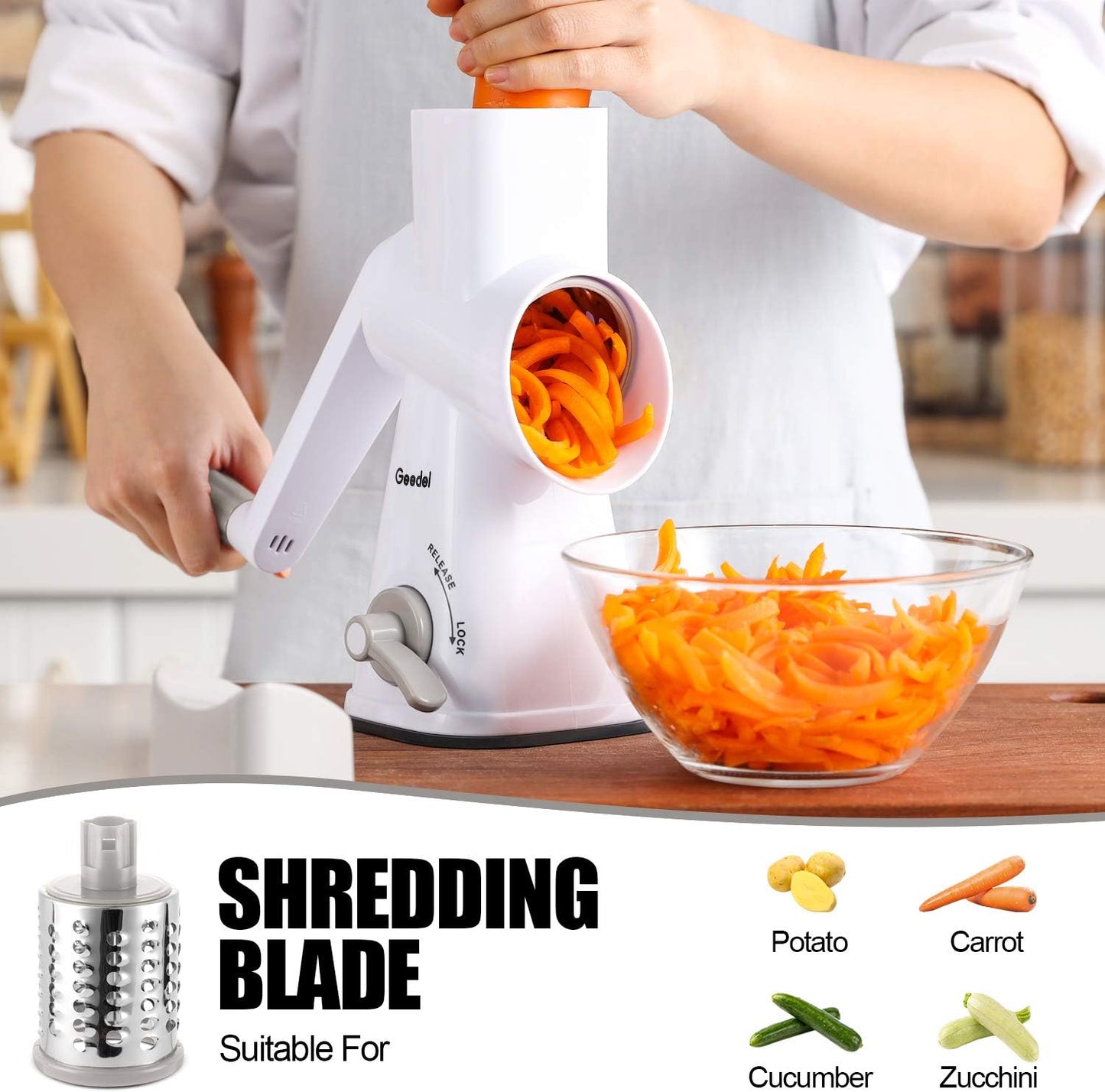 Geedel Rotary Cheese Grater Hand Crank, Cheese Shredder Nuts Grinder With 3 Interchangeable Blades, Kitchen Rotary Grater For Cheese, Vegetables, Nuts, etc