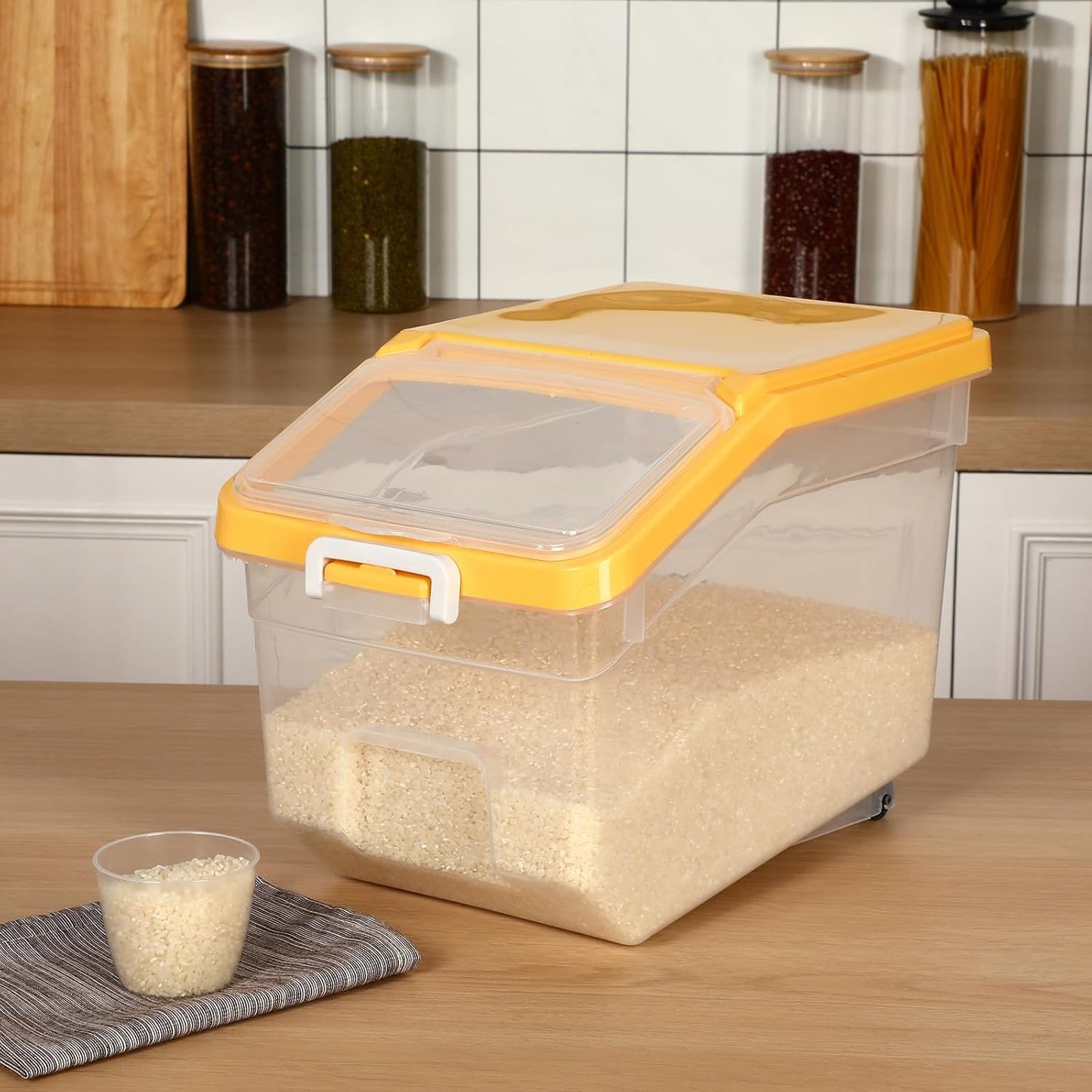 Sunnyray 4 Pcs Rice Storage Container 28 lb Airtight Flour Container with Wheels Measuring Cup Clear Pet Dog Birds Cat Food Bin Grain Cereal Organizer Box for Dry Baking Supplies(Yellow Lid)