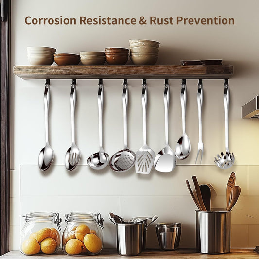 304 Stainless Steel Kitchen Utensil Set - 9pcs Cooking Utensils, Metal Kitchen Utensil Spatula Sets Cookware,High temperature resistance Kitchen Tool Set for Hanging Dishwasher Safe（Silver）