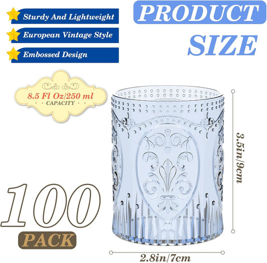 100 Plastic Vintage Drinking Glasses 8.5oz Stemless Retro Embossed Wine Glasses Shatterproof Reusable Cups for Baby Shower Wedding Reception Grand Event Party (Blue)