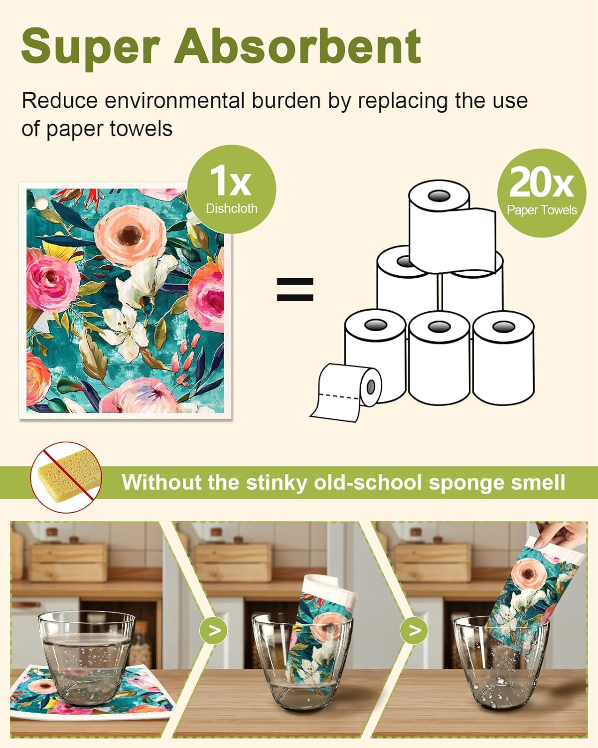 6 Pack Swedish Dishcloths for Kitchen - Reusable Dish Cloths for Washing Dishes Absorbent Cute Funny Kitchen Towels Cleaning Sponge, Floral Bird