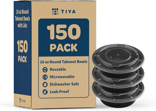 TIYA Food Containers – 16 oz Bulk 150 Pack with Lids – Plastic Food Storage To-Go Round Bowls – Reusable, Microwavable, Dishwasher Safe – Leak-Proof and Great for Meal Prep – BPA-Free