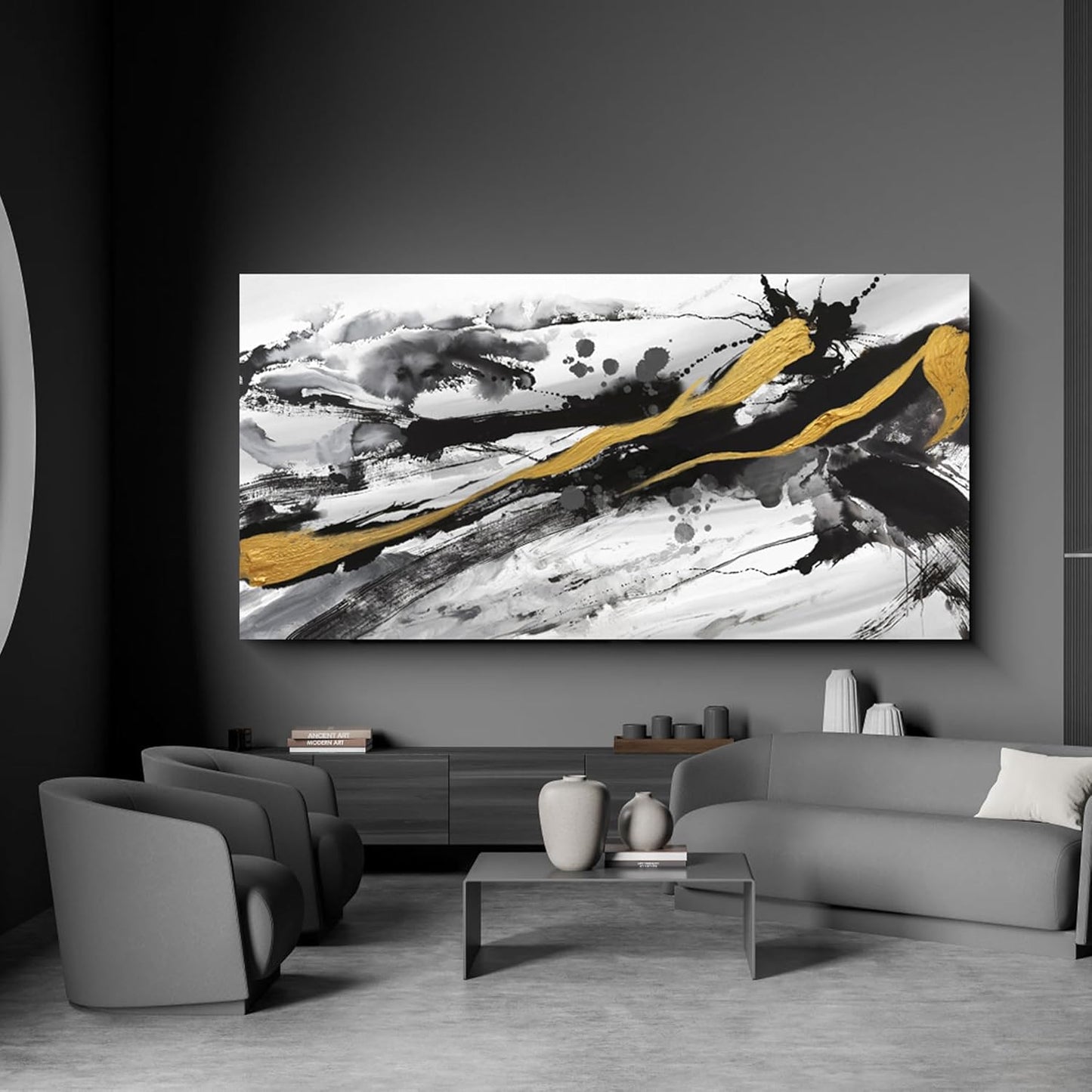 XLSJERST Black and White Abstract Wall Art - Canvas Wall Art for Living Room Bedroom Modern Gold Ink Painting Style Picture Artwork for Wall Decor Size 29x58 Inches