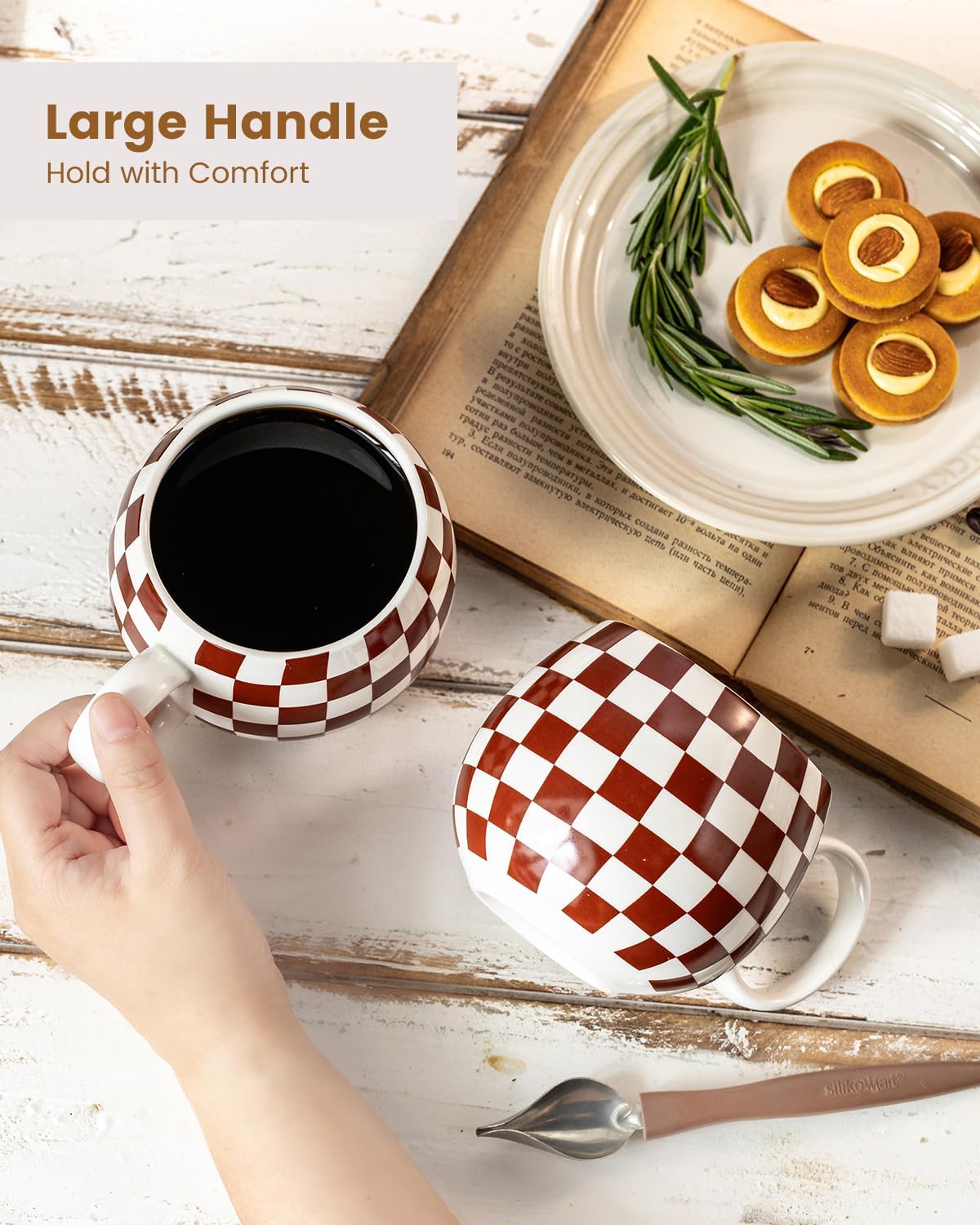 LAUCHUH Porcelain Coffee Mugs - 18 Ounce Large Mug Set of 6 Coffee Cups with Handle for Thanksgiving, Tea Latte Cappuccino Milk Cocoa, Dishwasher & Microwave Safe, Brown and White