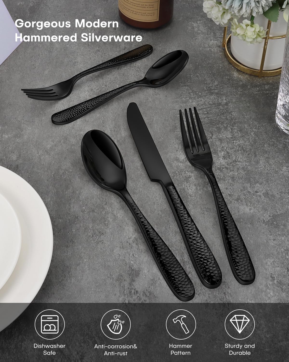 Hammered Silverware Set, Ollex 60-Piece Black Flatware Set for 12 Mirror Finish Stainless Steel Eating Utensils Sets Include Forks Spoons and Knives Tableware Kitchen Cutlery Sets, Dishwasher Safe