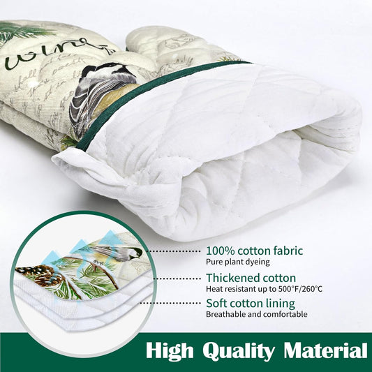 Winter Bird Leaf Oven Mitts and Pot Holders Sets 2Pcs, 100% Cotton Heat Resistant, Extra Long Oven Gloves Potholder for Kitchen Cooking Baking Decoration