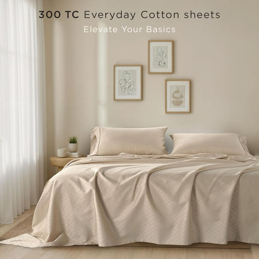 300 Thread Count Jacquard Astra Light Beige Queen Sheet Set - 100% Cotton Breathable Silky Soft Damask Sheets - 4 Pc Bed Sheet Set Elasticized Deep Pockets - Wrinkle Free Bedding Sheets by Threadmill