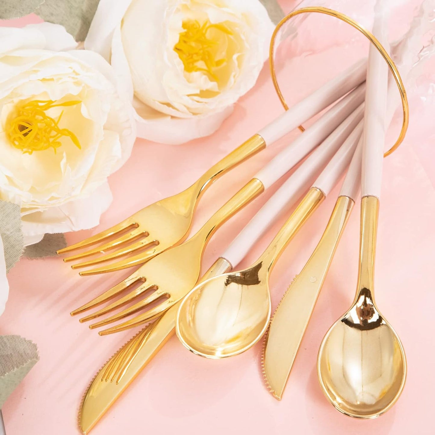 Rubtlamp 90Pcs Gold Plastic Silverware, Gold Plastic Utensils With Pink Handles Include 30 Plastic Gold Knives, 60 Plastic Forks and Spoons, Pink Plastic Silverware Heavy Duty For Party