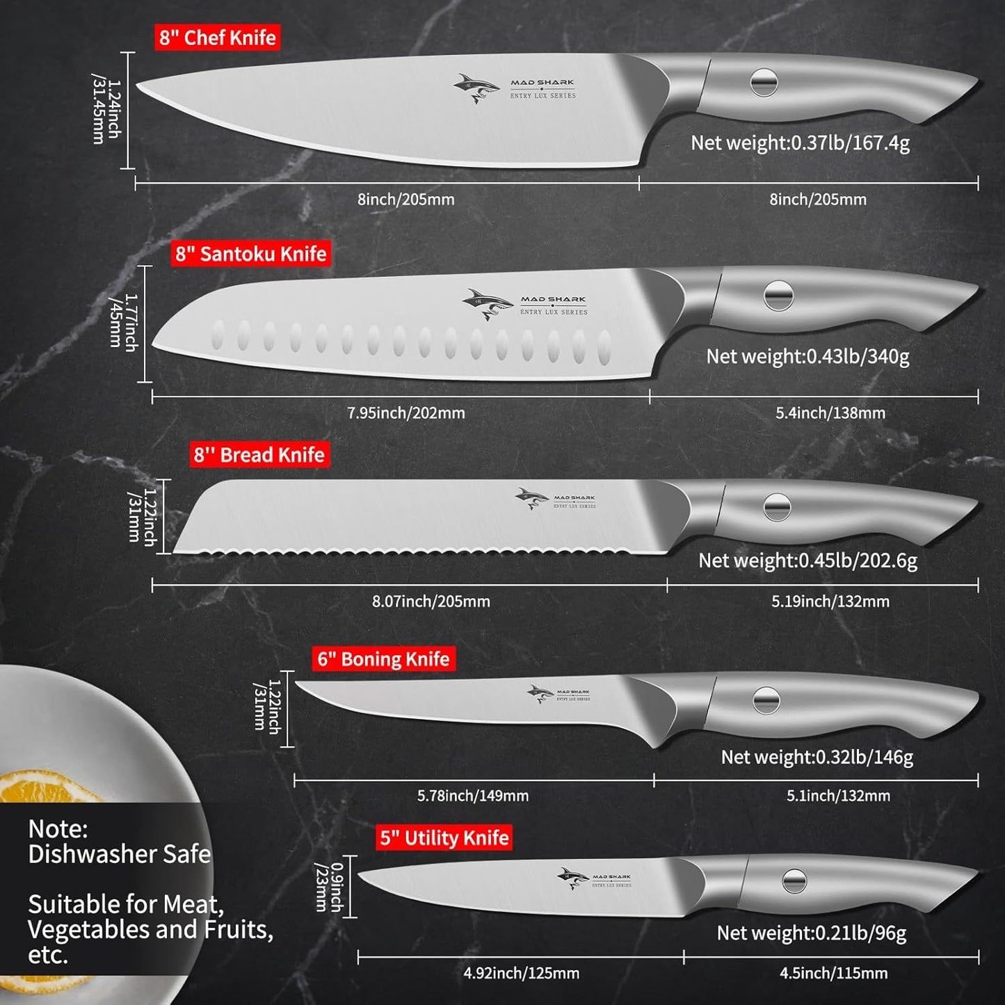 MAD SHARK Kitchen Knife Set, 5PCS Sharp Ultra Chef Knife Set, High Carbon Stainless Steel Knives Set with Ergonomic Handle, Professional Kitchen Knives Sets, Gift Box Packaging