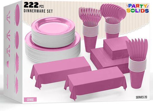222 Pcs Hot Pink Paper Plates and Napkins Sets, Disposable Plates For Party, Lunch & Cocktail Napkins Paper, 18oz Plastic Cups, Cutlery and Hot Pink Table cloth Plastic Dinnerware Set