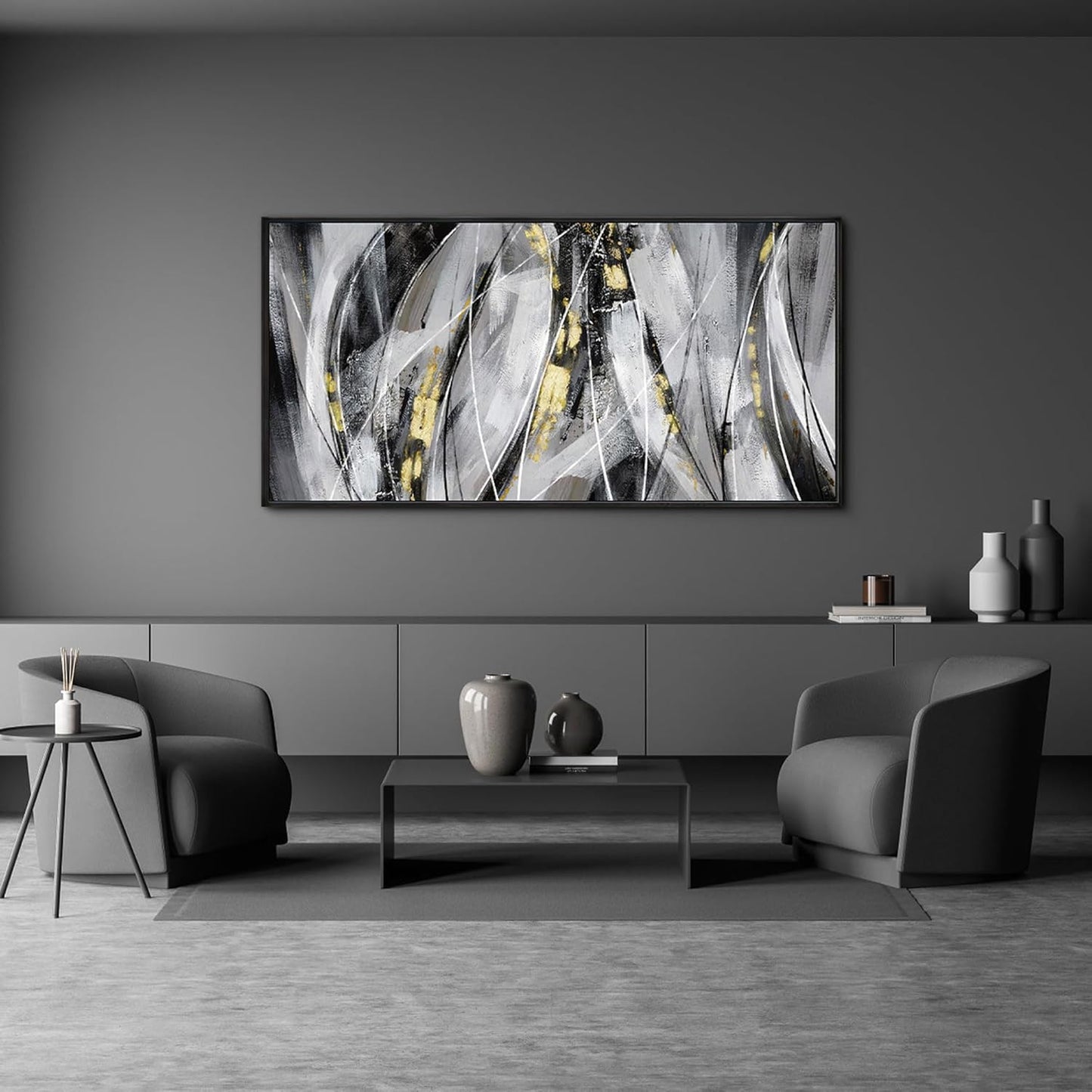 KLAKLA Abstract Frame Wall Art - Black and White Picture for Living Room Black and Gold Framed Artwork Canvas Art Work for Office Home Decor Bedroom Wall Decoration - 48x24 Inches