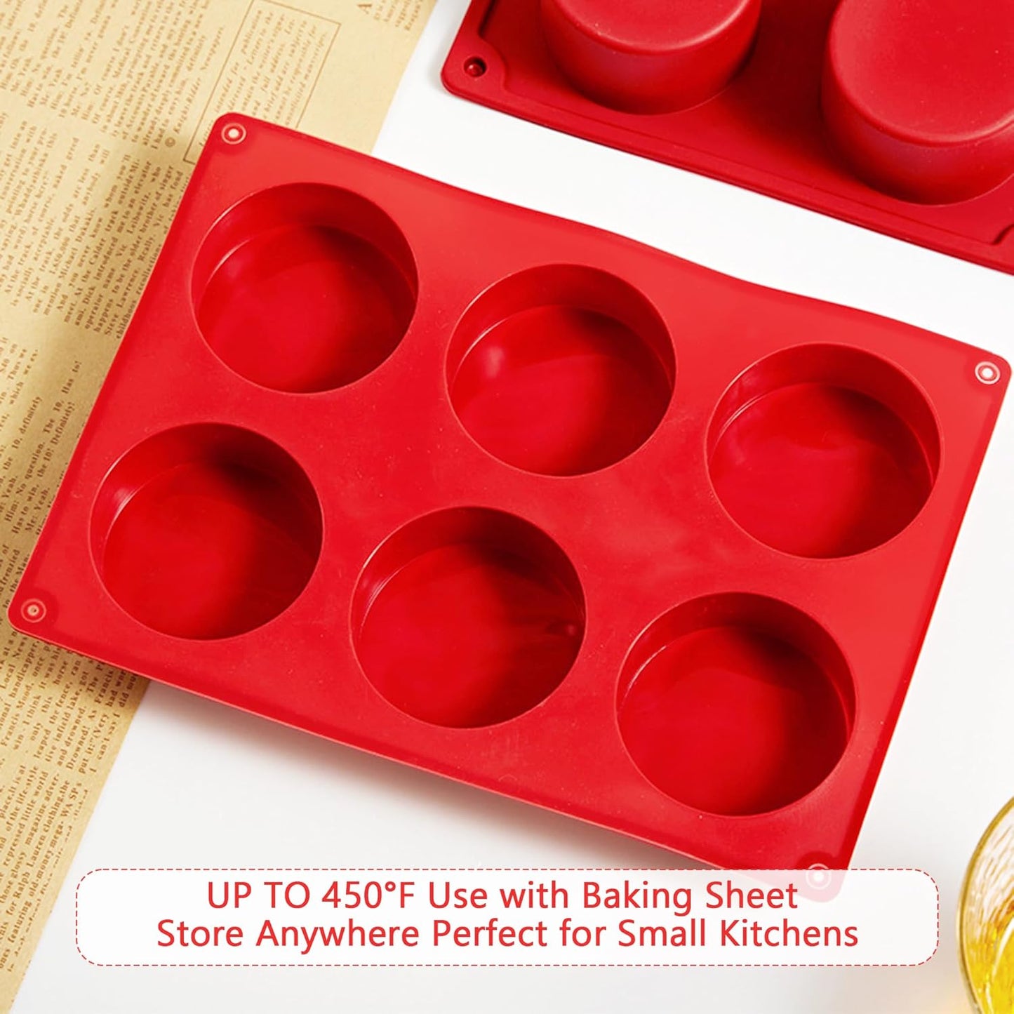3-Pack Jumbo 6-Cup Silicone Muffin Pan - Non-Stick Baking Mold for Cupcakes, Muffin Cupcake Pans Molds for Baking, Cornbread, Eggs - Red