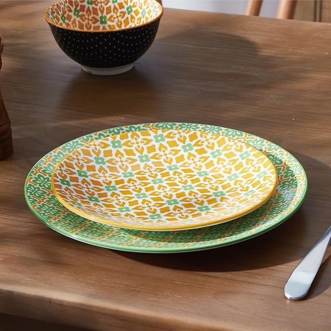 ONEMORE 12 Piece Ceramic Dinnerware Set for 4, Porcelain Plates and Bowls Set - Microwave, Dishwasher & Oven Safe, Durable Everyday & Formal Use, Colorful Stoneware Dish Set