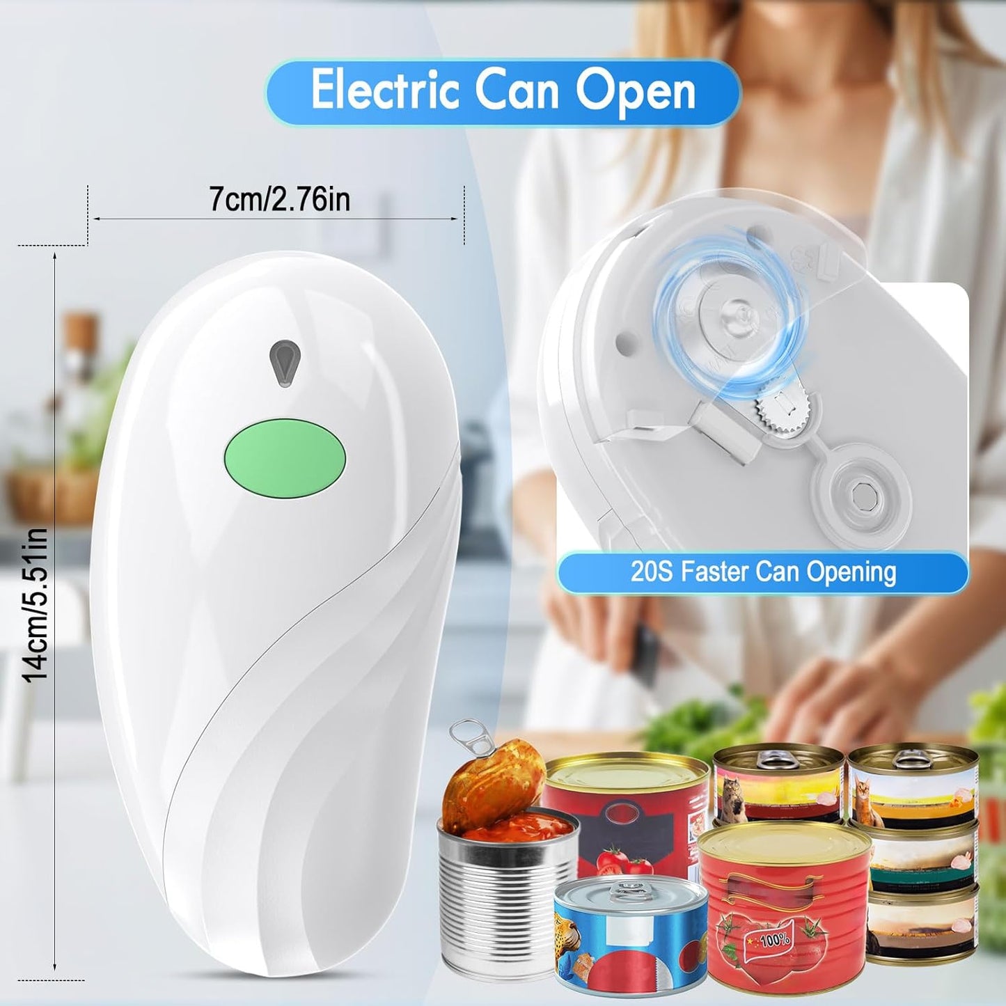 HuiJuKeJi Electric Can Opener, Rechargeable Automatic Can Opener for Seniors with Arthritis, One-Touch Hands-Free Can Opener for Almost Can Sizes, Smooth Edge & Food-Safe Kitchen Gadgets-White
